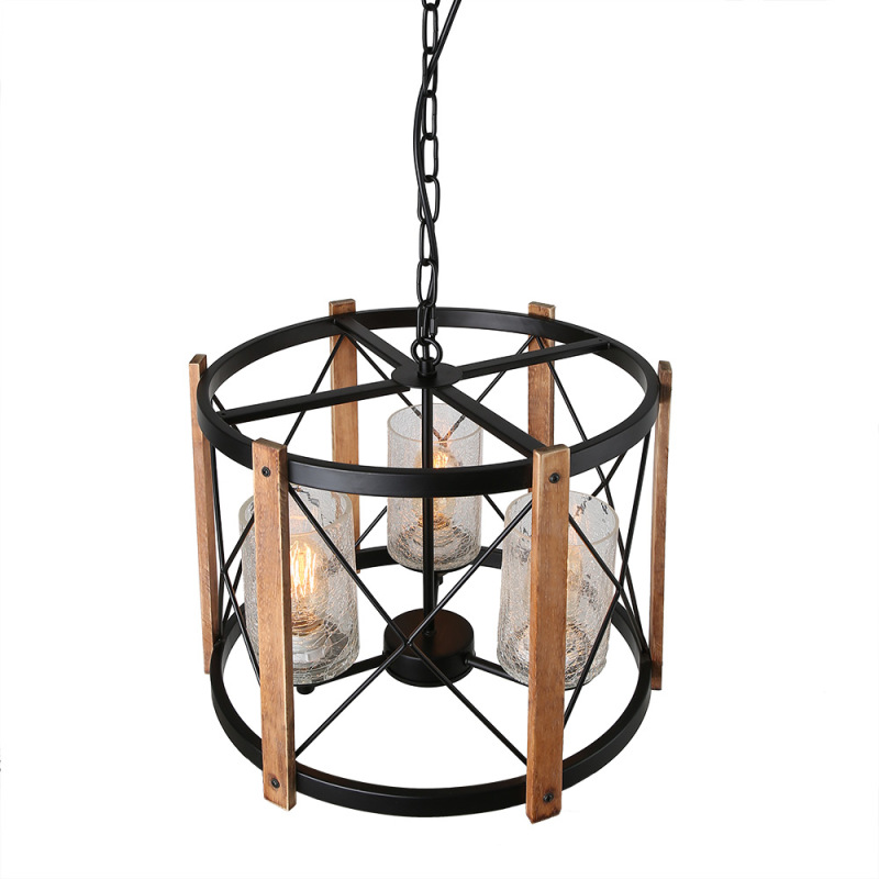 15.5&quot; Diameter Wood Farmhouse Chandelier Light with Glass Shade, Vintage Industrial Edison Hanging Lamp Rustic Pendant 3 Lights,  C0030