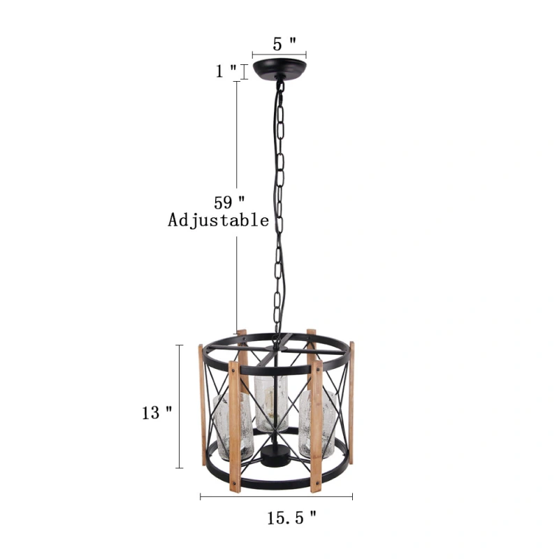 15.5&quot; Diameter Wood Farmhouse Chandelier Light with Glass Shade, Vintage Industrial Edison Hanging Lamp Rustic Pendant 3 Lights,  C0030