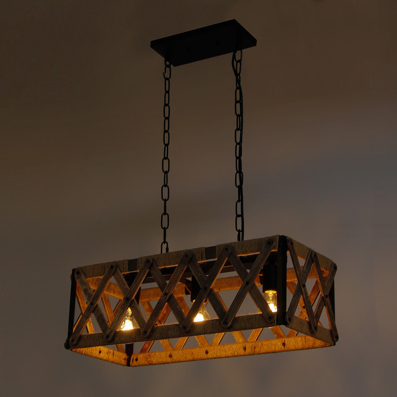 Anmytek Square Metal Wood Chandelier Basket Pendant Three Lights Oil Black Finishing Rope Net Lamp Shade Retro Industrial Rustic Ceiling Caged Light