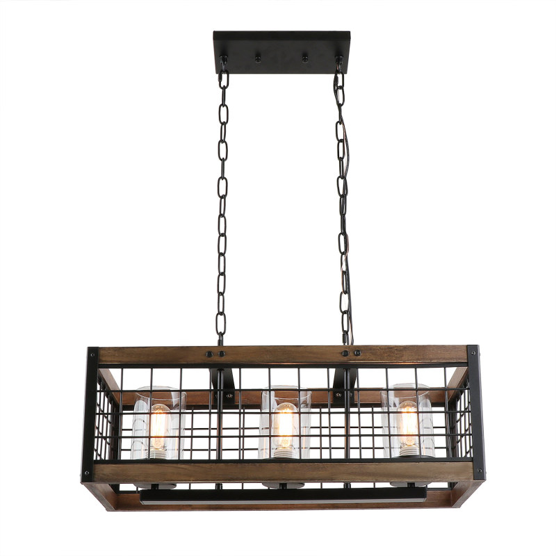 Anmytek Square Metal and Wood Chandelier Basket Pendant Three Lights Oil Black Finishing Iron Net Lamp Shade Retro Vintage Industrial Rustic Light