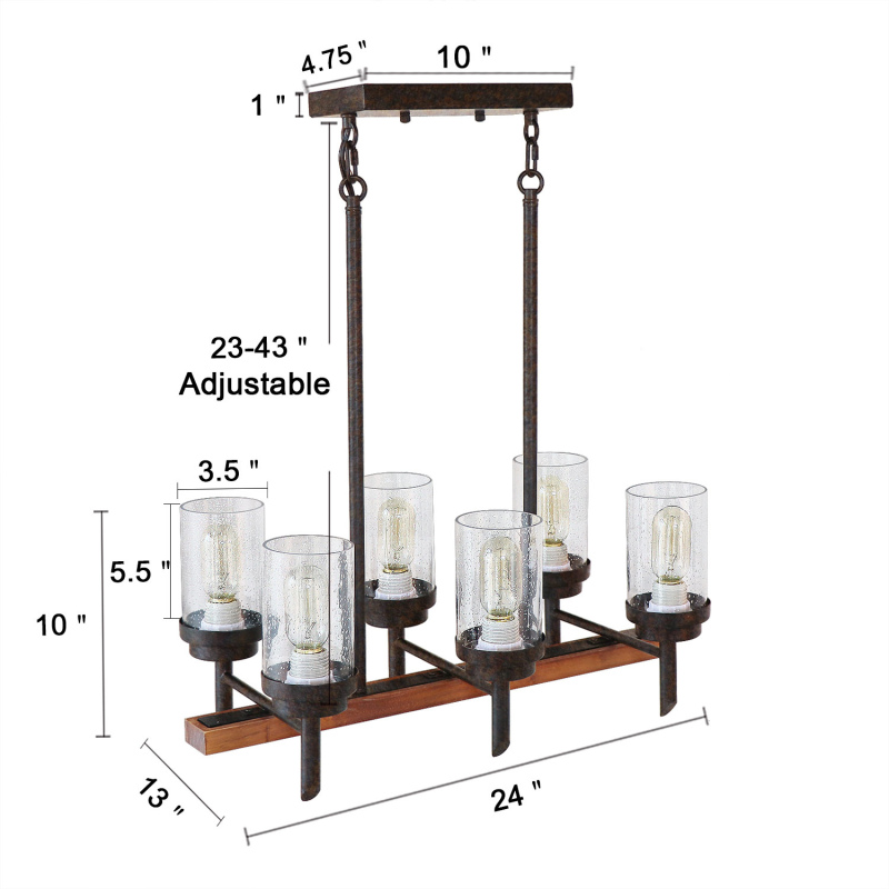 Wood Farmhouse Dinning Table Rustic Chandelier Light with Shades, Industrial Vintage Edison Pendant Lamp Kitchen Island Hanging 6 Lights, 17802