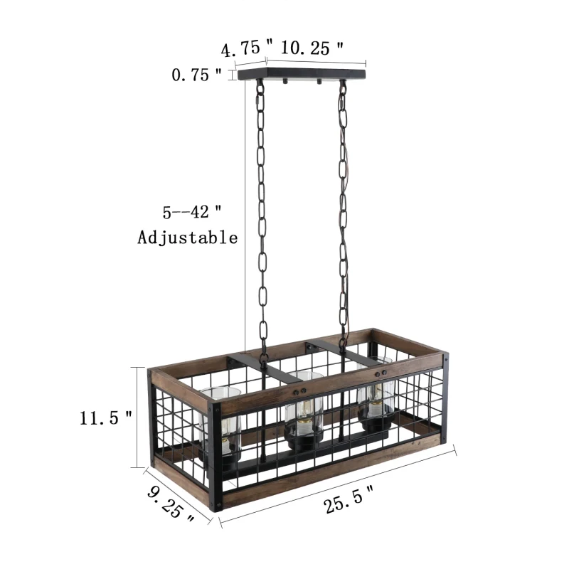 Anmytek Square Metal and Wood Chandelier Basket Pendant Three Lights Oil Black Finishing Iron Net Lamp Shade Retro Vintage Industrial Rustic Light