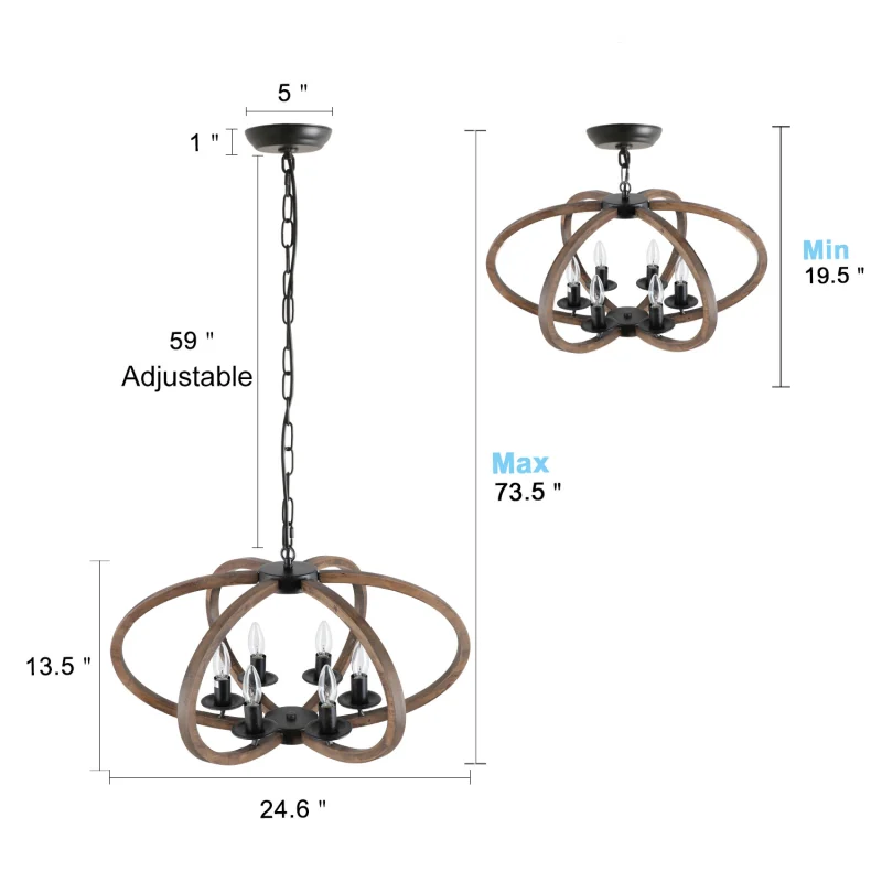 Anmytek Wood Metal Chandelier Rustic Farmhouse Style Flower Shape Wood Frame Adjustable Chain Pendant Lighting E12 Base Bulb Hanging Light