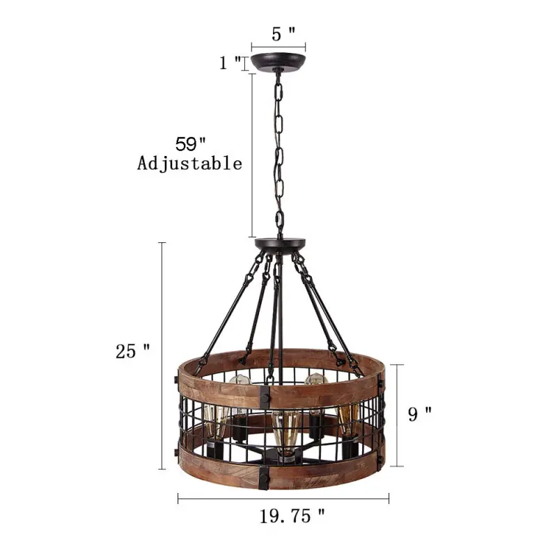 Anmytek C0019 Round Wooden Chandelier Metal Pendant Five Decorative Lighting Fixture Antique Ceiling Lamp