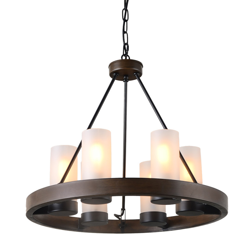 21.5"D Round Metal Chandelier Light with Frosted Glass Shade, Rustic French Country Industrial Edison Hanging Light 6 Lights, C0058, Brown