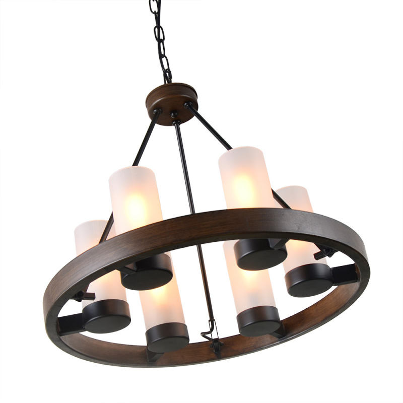 21.5"D Round Metal Chandelier Light with Frosted Glass Shade, Rustic French Country Industrial Edison Hanging Light 6 Lights, C0058, Brown