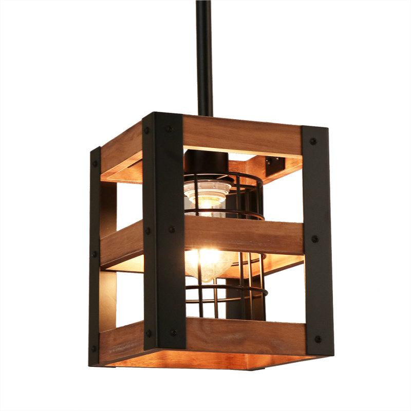 Farmhouse Wood Pendant Light with Cage, Kitchen Island Rustic Industrial Edison Hanging Light, P0015