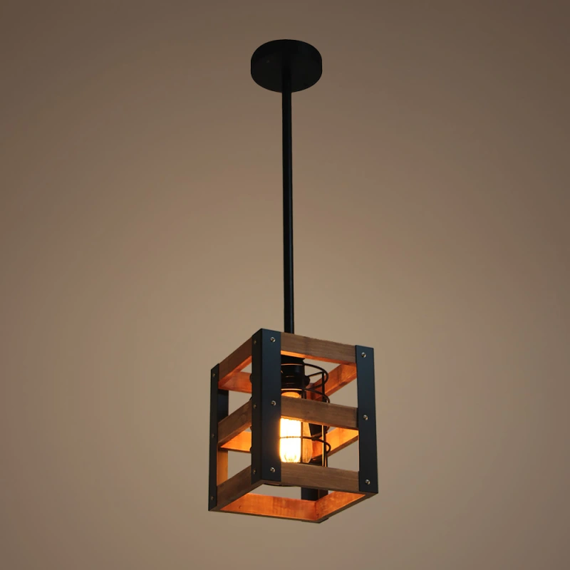 Farmhouse Wood Pendant Light with Cage, Kitchen Island Rustic Industrial Edison Hanging Light, P0015