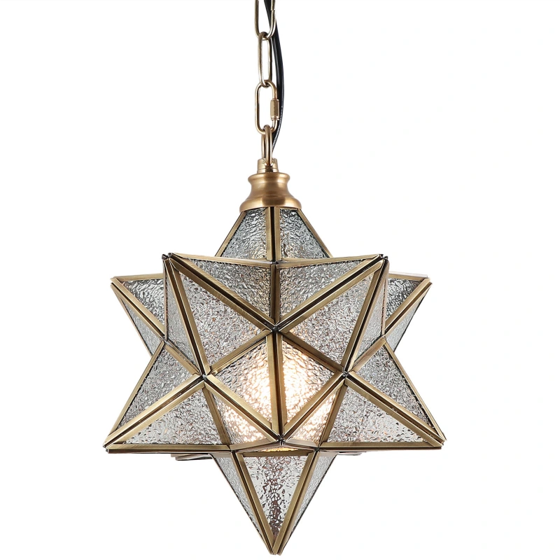 12&quot; Moravian Star Kitchen Island Pendant Light with Glass Cover, Modern Brass Frame Industrial Edison Hanging Light Fixture, P0024