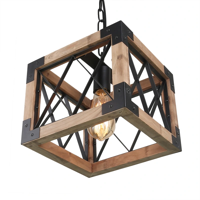 Anmytek P0031 Adjustable Wood Metal Chandelier Cube Iron Net Frame Pendant Lighting Kitchen Island Dining Room Vintage Ceiling Light Fixture 1-Light