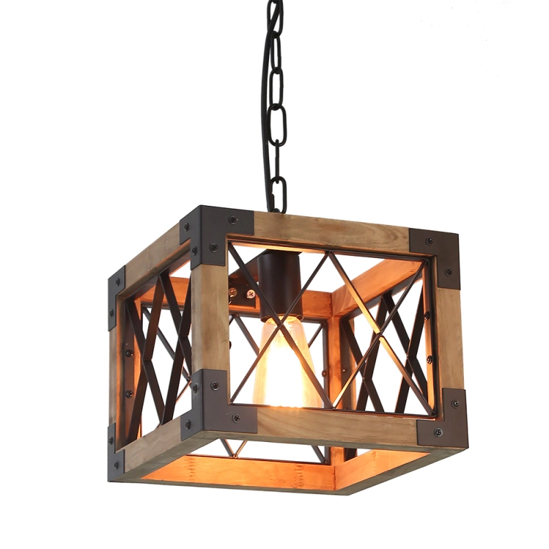 Anmytek P0031 Adjustable Wood Metal Chandelier Cube Iron Net Frame Pendant Lighting Kitchen Island Dining Room Vintage Ceiling Light Fixture 1-Light