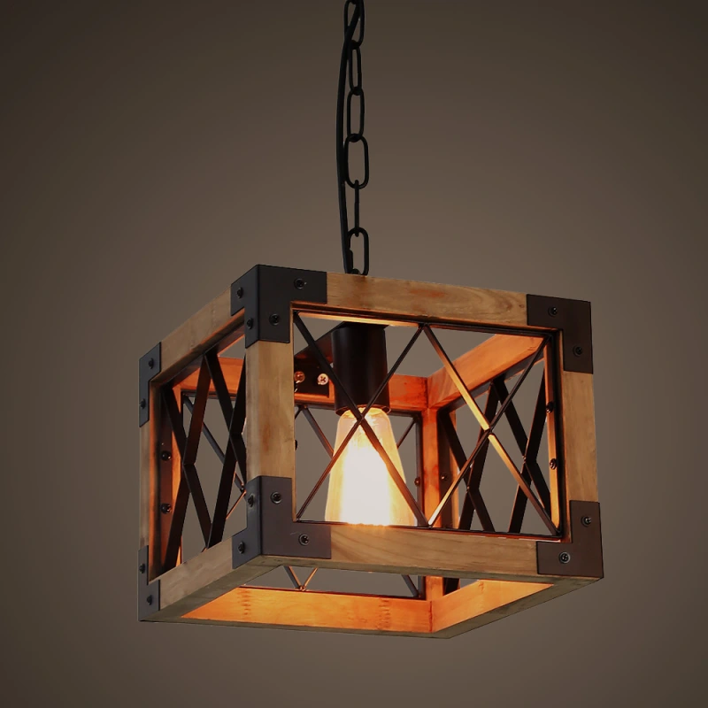 Anmytek P0031 Adjustable Wood Metal Chandelier Cube Iron Net Frame Pendant Lighting Kitchen Island Dining Room Vintage Ceiling Light Fixture 1-Light