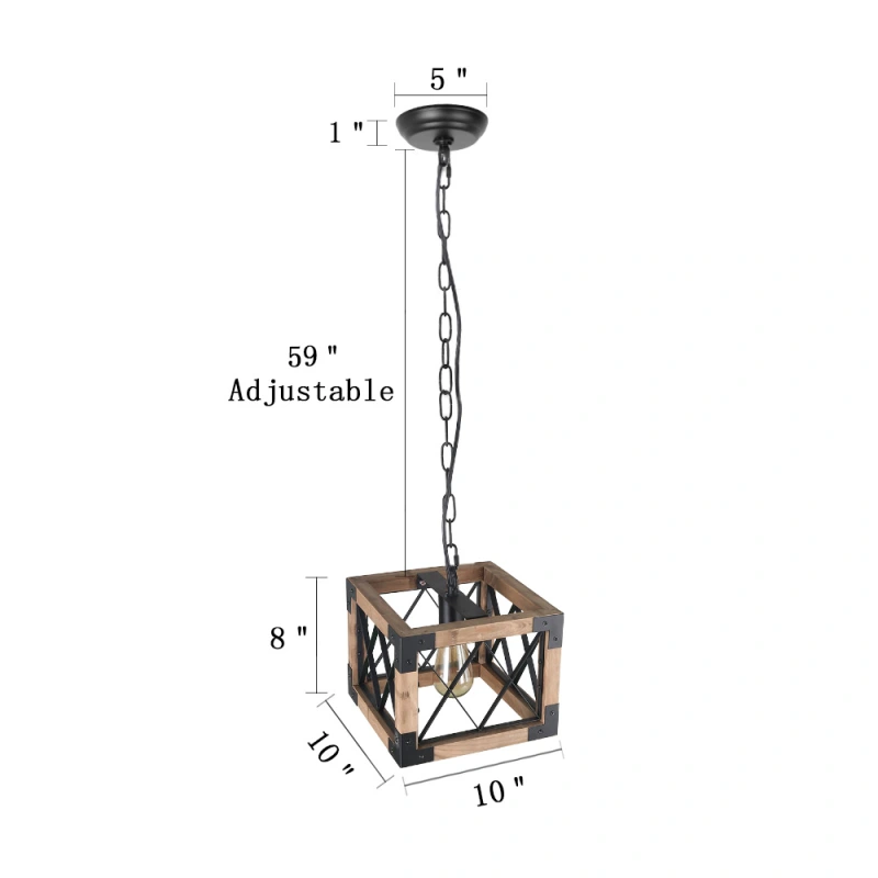 Anmytek P0031 Adjustable Wood Metal Chandelier Cube Iron Net Frame Pendant Lighting Kitchen Island Dining Room Vintage Ceiling Light Fixture 1-Light