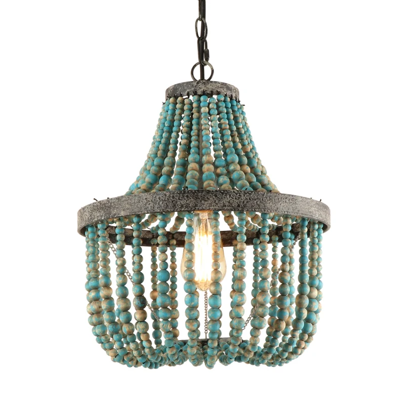 Wood Bead Chandelier Gray Blue Boho Style Hanging Bedroom Light Fixture Antique Pendant Ceiling Light ,UL Listed,B0005