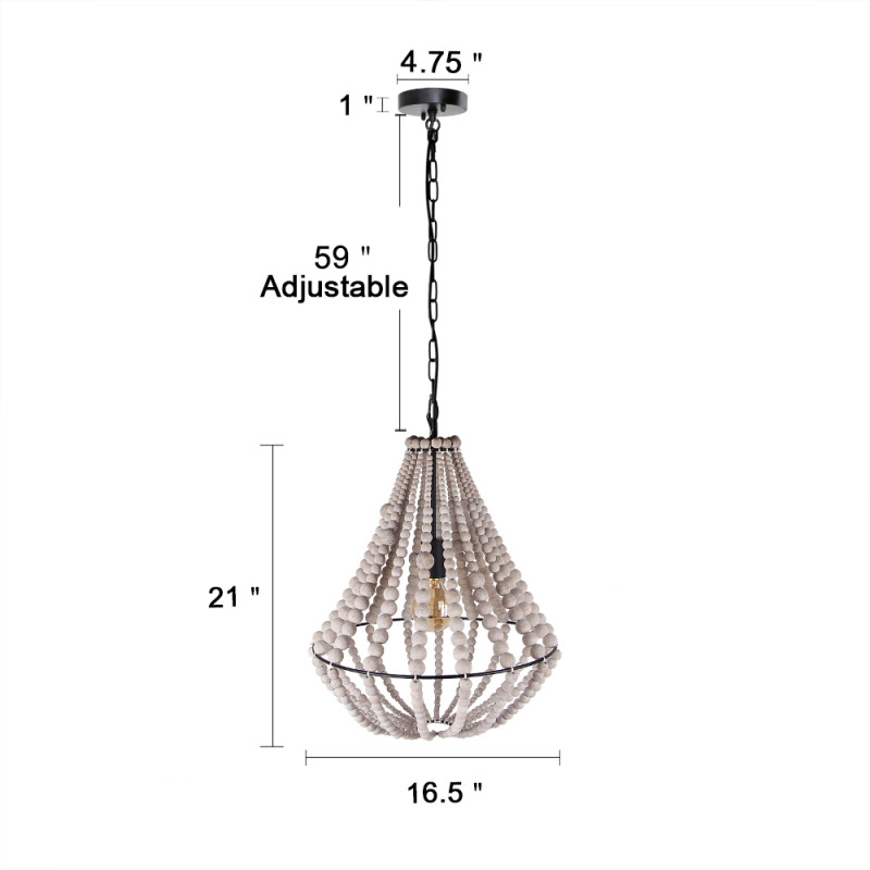 Conical Wood Bead Chandelier Retro Style Pendant Lamp,Kitchen Island Vintage Hanging Light Fixtures 1 Light, Gray White (C0045)