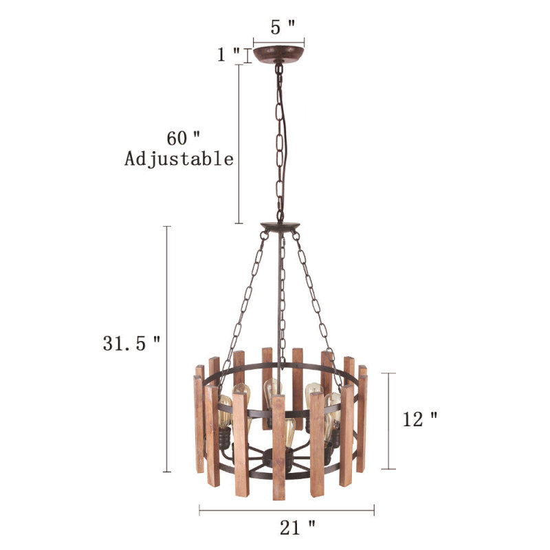 Wood Metal Chandelier Orb Pendant Light, Dining Room Vintage Ceiling Light Fixture 8 Lights, Brown (C0049)
