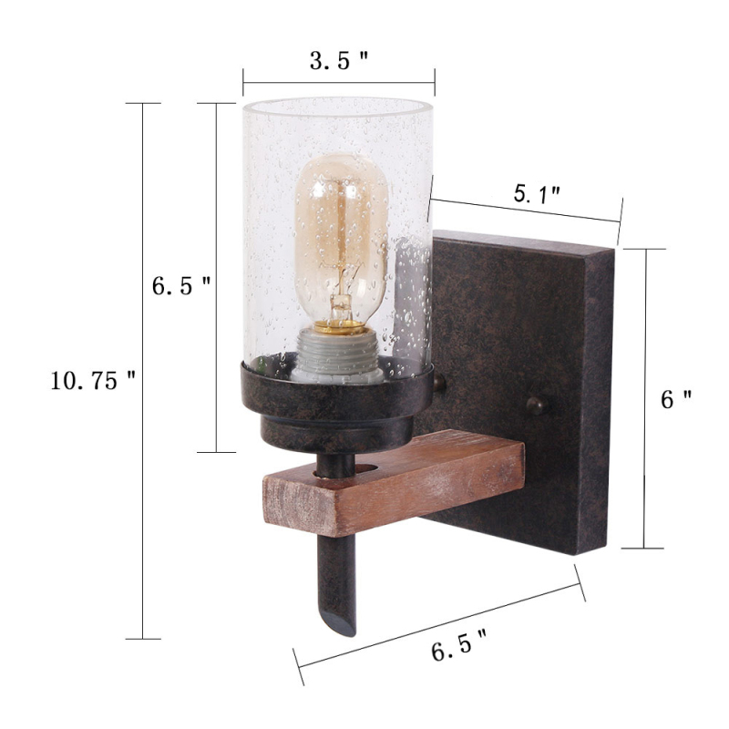 Rustic Wood Wall Sconce with Seeded Glass Shade, Log Cabin Home Retro Edison Wall Light Fixtures 1-Light, Black (17804)