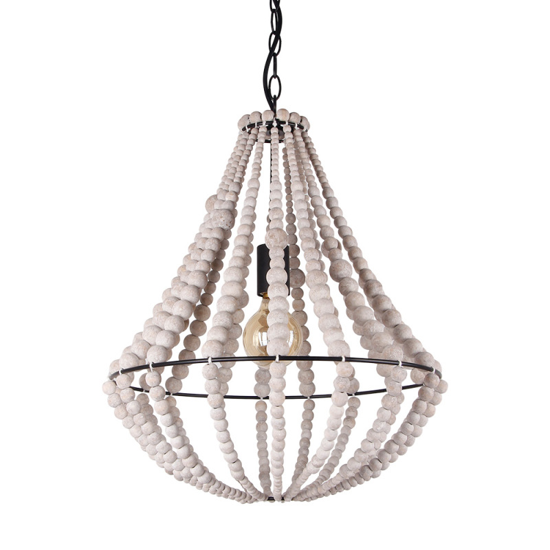 Conical Wood Bead Chandelier Retro Style Pendant Lamp,Kitchen Island Vintage Hanging Light Fixtures 1 Light, Gray White (C0045)