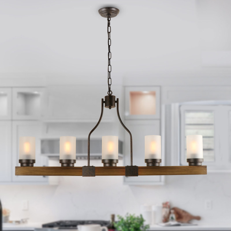 5-Light Rustic Chandelier with Frosted Glass Lamp Shade for Farmhouse Linear Pendant Lighting Edison Hanging Light Fixture C0090