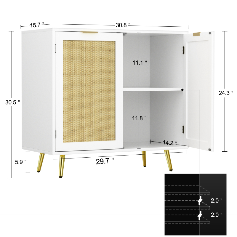 Rattan Storage Cabinet, Modern White Sideboard Buffet Cabinet Accent Cabinet with 2 Doors and Adjustable Shelf for Living Room Kitchen Hallway H0059