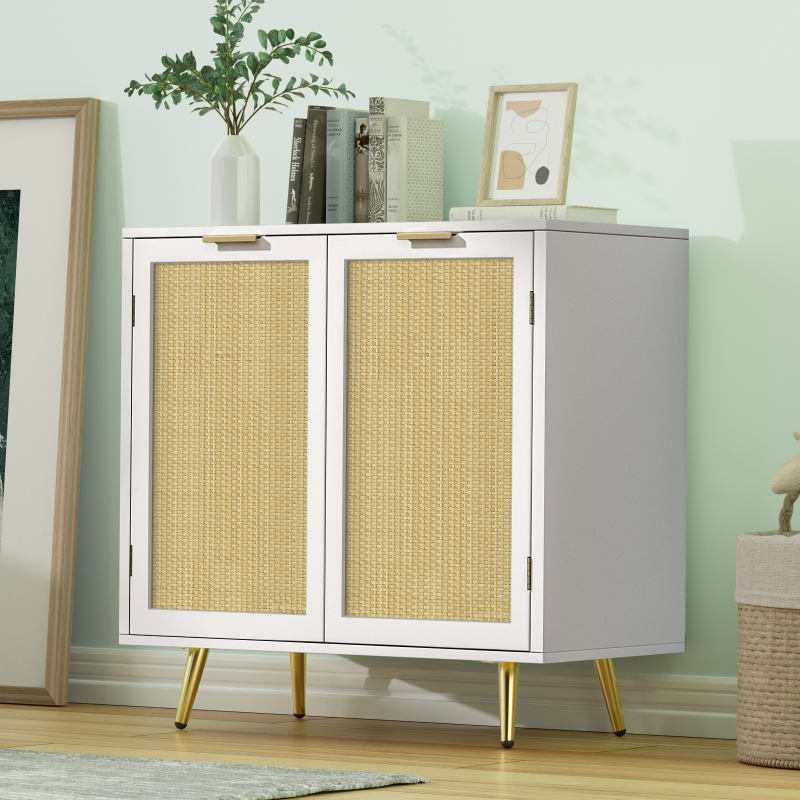 Rattan Storage Cabinet, Modern White Sideboard Buffet Cabinet Accent Cabinet with 2 Doors and Adjustable Shelf for Living Room Kitchen Hallway H0059