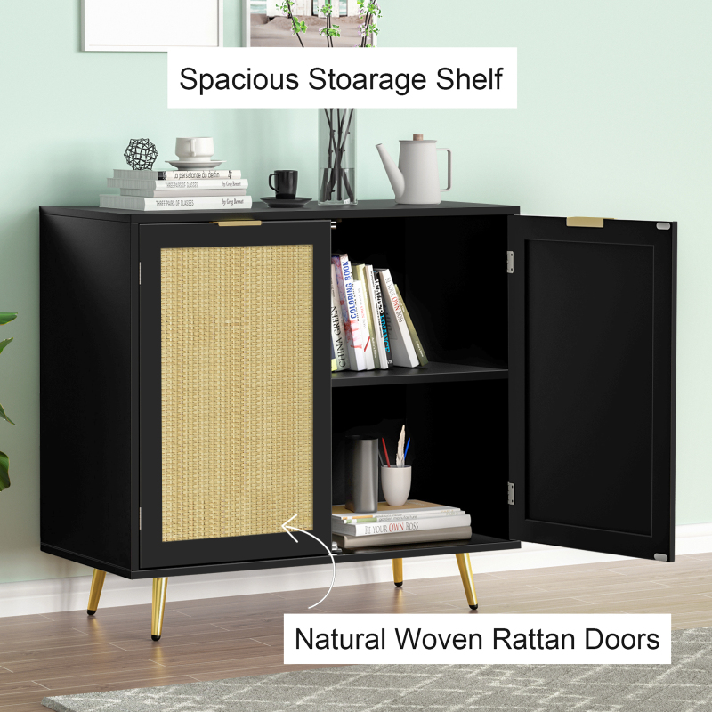 Anmytek Rattan Cabinet, Black Sideboard Buffet Storage Cabinet Accent Cabinet with 2 Doors and Adjustable Shelf for Living Room Kitchen Hallway H0060