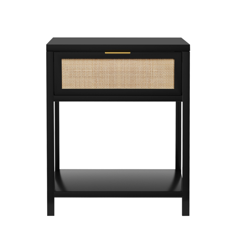 Anmytek 24" H Wood Nightstand, Mid-Century Modern End Table with Storage Drawer and Open Shelf Rattan Bedside Table Small Side Table for Living Room Bedroom, Black, H0020