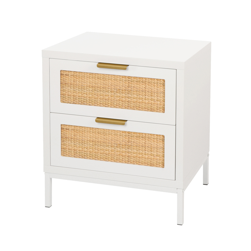 Natural Rattan 2 Drawer Nightstand, Anmytek Wood Storage Cabinet for Bedroom Livingroom Simple Sofa Side Table Bedside Furniture, White H0011