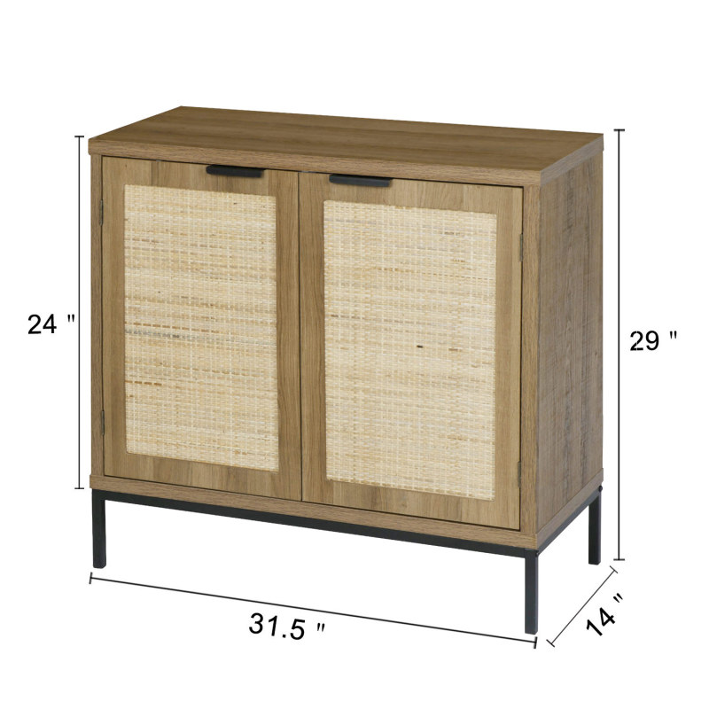 Anmytek Rustic Oak Accent Storage Cabinet with 2 Rattan Doors, Mid Century Natural Wood Sideboard Furniture for Living Room H0045