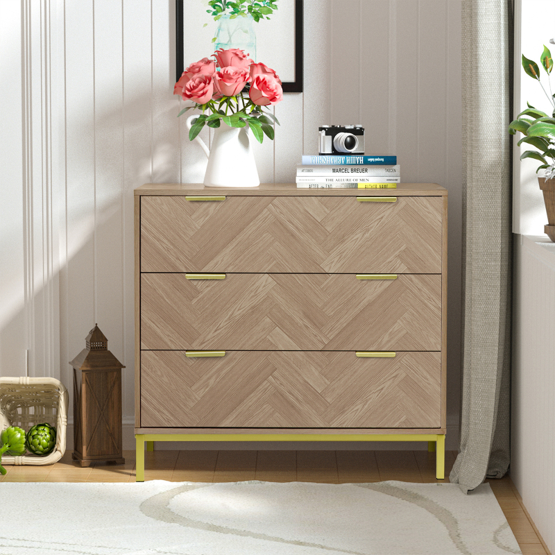Anmytek Modern 3 Drawer Chest Dresser, Mid Century Natural Oak Organizer Bedroom Furniture with Gold Metal Legs H0037