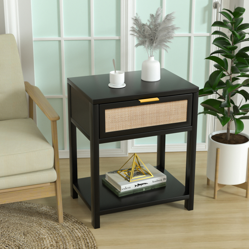 Anmytek 24" H Wood Nightstand, Mid-Century Modern End Table with Storage Drawer and Open Shelf Rattan Bedside Table Small Side Table for Living Room Bedroom, Black, H0020