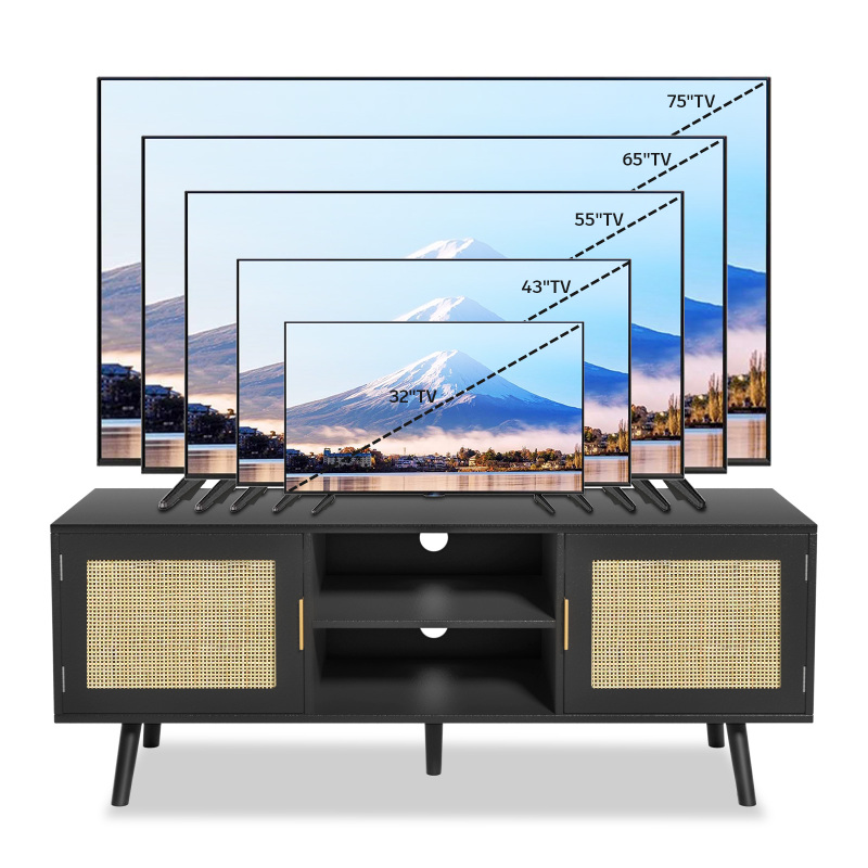 Anmytek Farmhouse Rattan TV Stand Modern Wood Media Entertainment Center Console Table for TVs up to 55 Inches with 2 Doors and 2 Open Shelves, Natural Oak