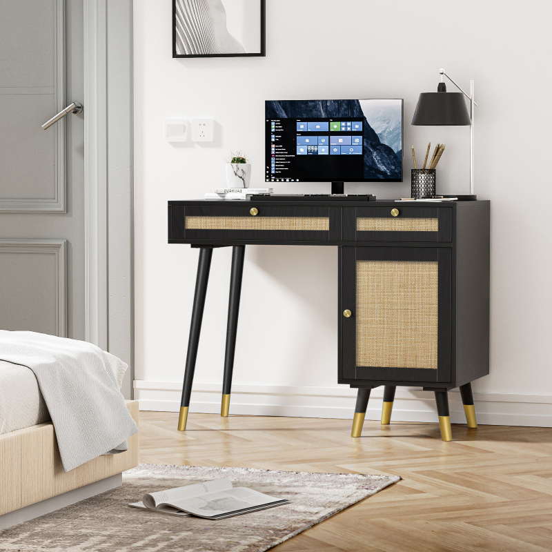 Anmytek Rattan Vanity Desk with Drawers and Storage Office Desk Computer Desk