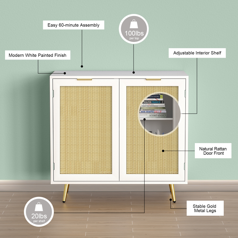 Anmytek Rattan Cabinet Sideboard Buffet Storage Cabinet with 2 Doors and Adjustable Shelf