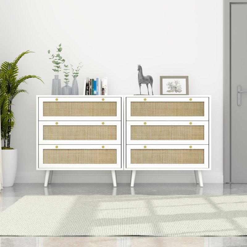 Anmytek Modern Rattan Wood Chest of 3 Drawer Dresser with Spacious Storage