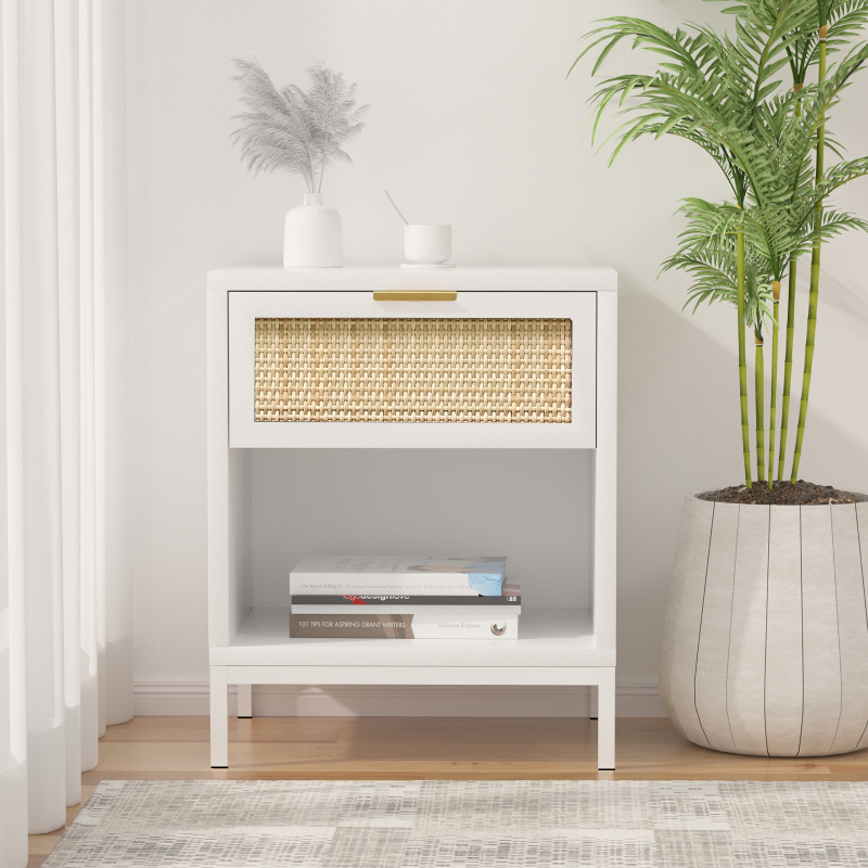 Nightstand With Rattan Drawer Side Table Bedside End Table