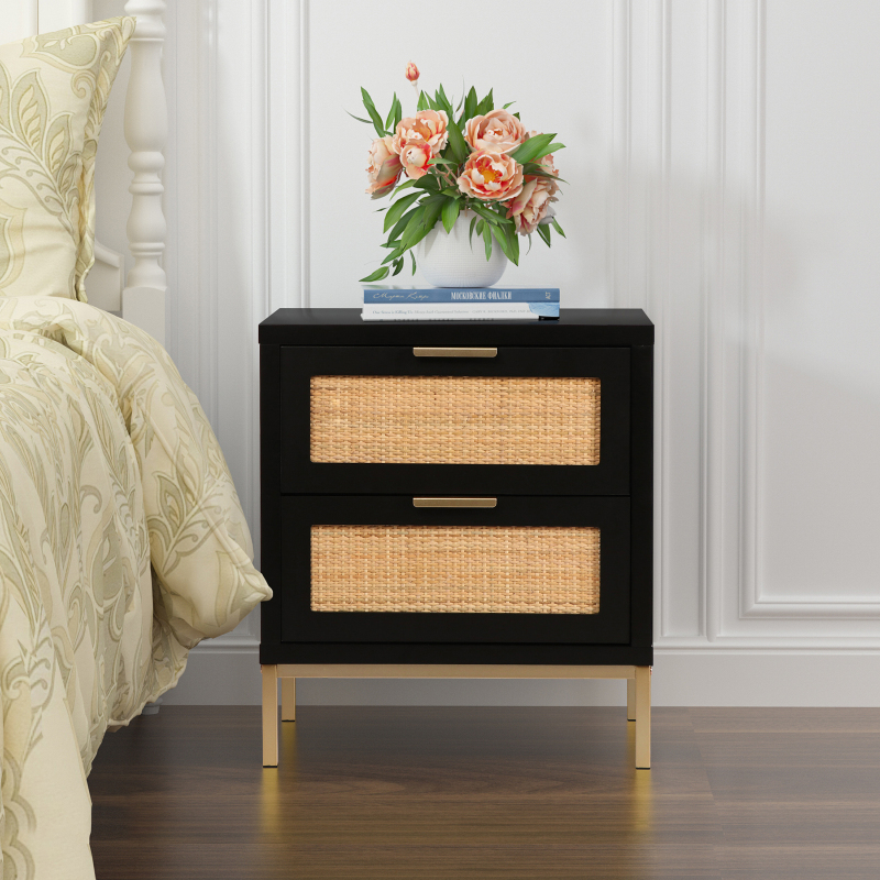 Anmytek Natural Rattan 2 Drawer Nightstand, Wood Storage Cabinet Side Table