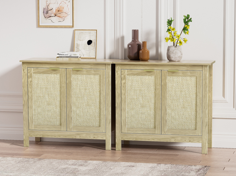 Sideboard Buffet Storage Cabinet, Farmhouse Console Table with 2 Rattan Doors