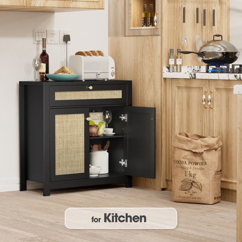 Rattan Sideboard Cabinet, Kitchen Buffet Cabinet Storage with Door and Drawer Console Table