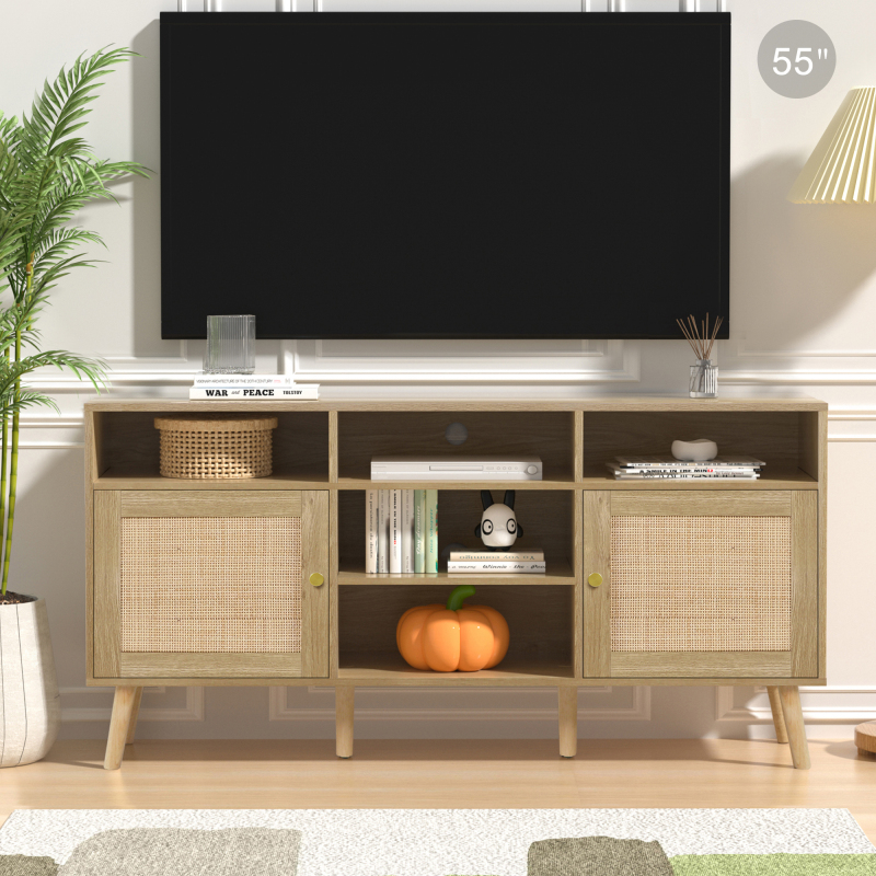 Farmhouse TV Stand for 55/60/65 inch TV, Mid Century Modern TV Console Entertainment Center Media Console, 59" Rattan TV Stand
