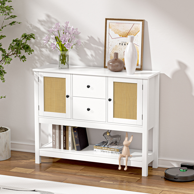 Rattan Console Table with Drawers, Entryway Table with Open Storage Shelf Long Sofa Table