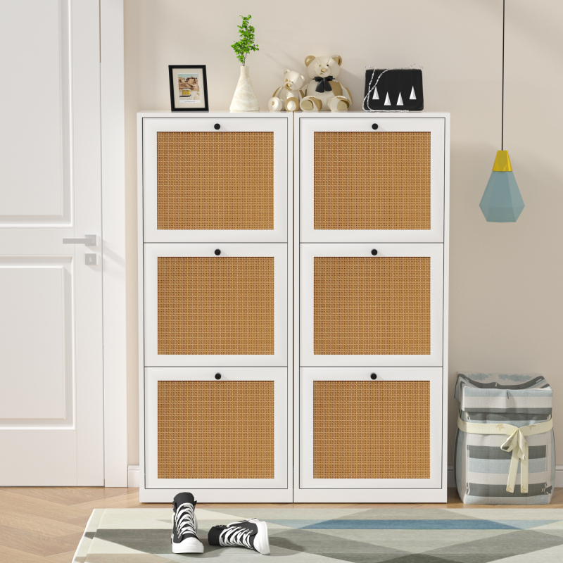 Rattan Shoe Cabinet, Entryway Cabinet Wooden Shoe Rack with 3 Flip Drawers, 3-Tier Shoe Storage Cabinet