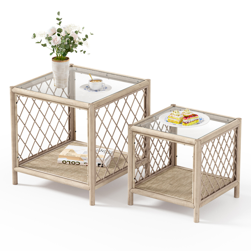 Coffee Table Set of 2, Farmhouse Rattan Side Table with Glass Top and Rattan Shelf, Boho Coffee Table Set Small End Table