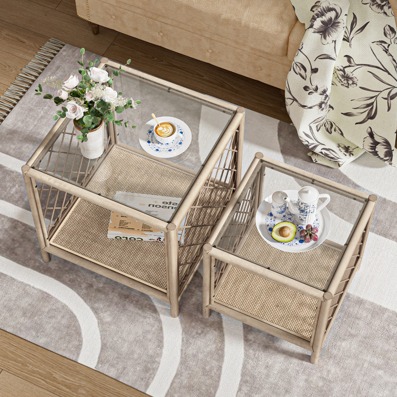 Coffee Table Set of 2, Farmhouse Rattan Side Table with Glass Top and Rattan Shelf, Boho Coffee Table Set Small End Table