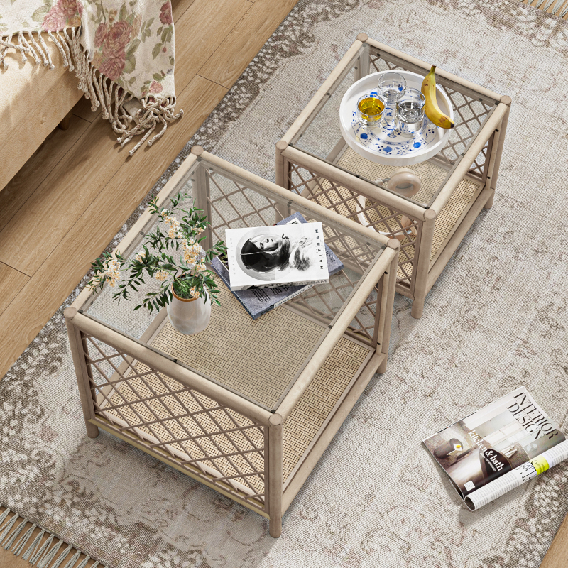 Coffee Table Set of 2, Farmhouse Rattan Side Table with Glass Top and Rattan Shelf, Boho Coffee Table Set Small End Table