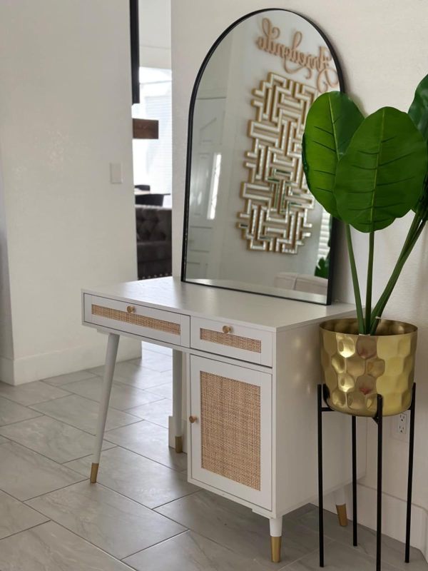 Rattan Vanity Desk with Drawers and Storage Office Desk