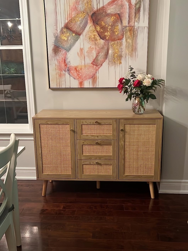 Rattan Sideboard Buffet Cabinet, 3 Drawers and 2 Doors