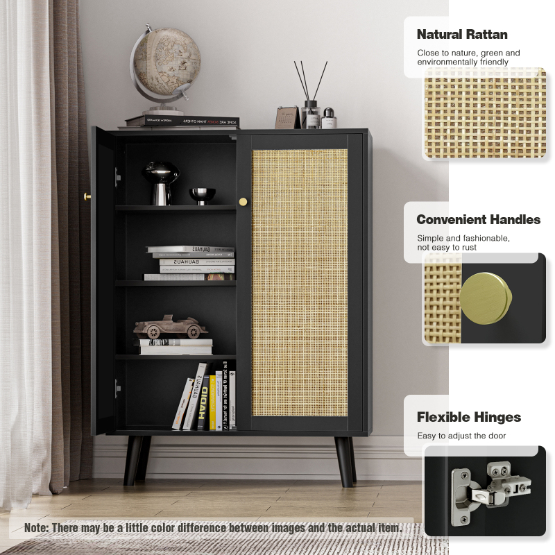 Rattan Cabinet,Tall Sideboard Storage Cabinet with Crafted Rattan Front, Entry Cabinet Wood 2 Door Accent Cabinet with Adjustable Shelves
