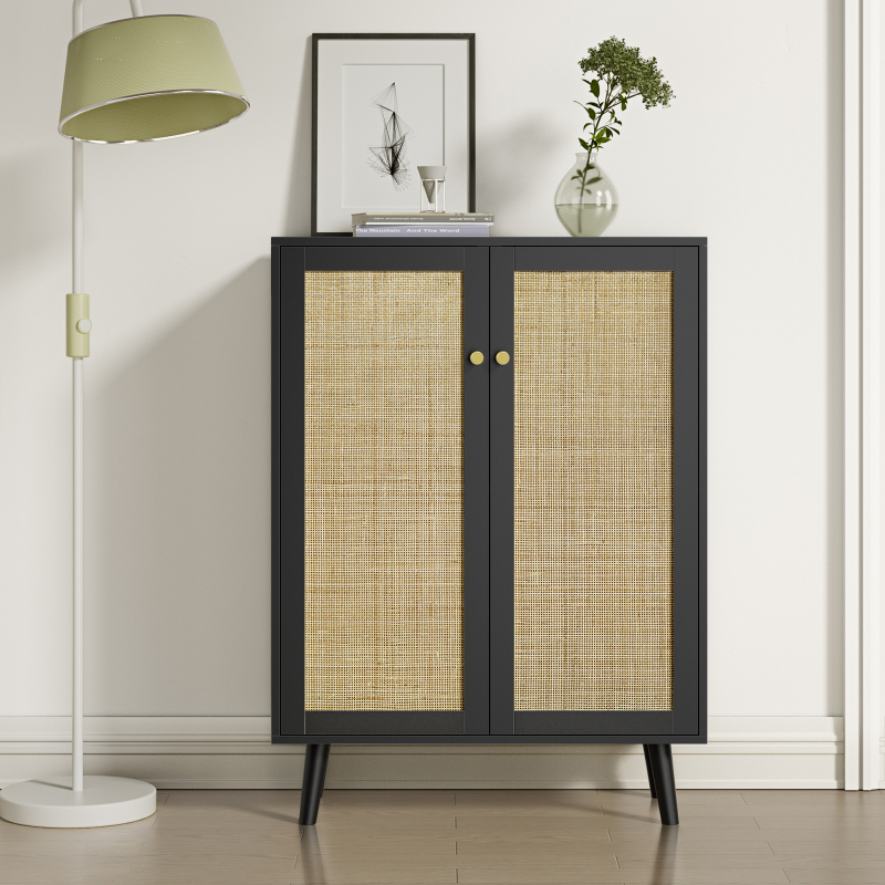 Rattan Cabinet,Tall Sideboard Storage Cabinet with Crafted Rattan Front, Entry Cabinet Wood 2 Door Accent Cabinet with Adjustable Shelves