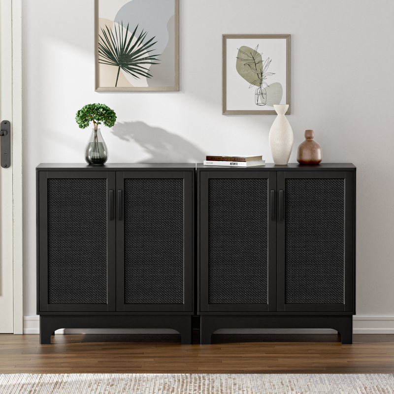 Rattan Cabinet, Natural Rattan Storage Cabinet with 2 Doors Adjustable Shelf Large Space Entryway Hallway Cabinet Sideboard Buffet for Living Room Kitchen Bedroom